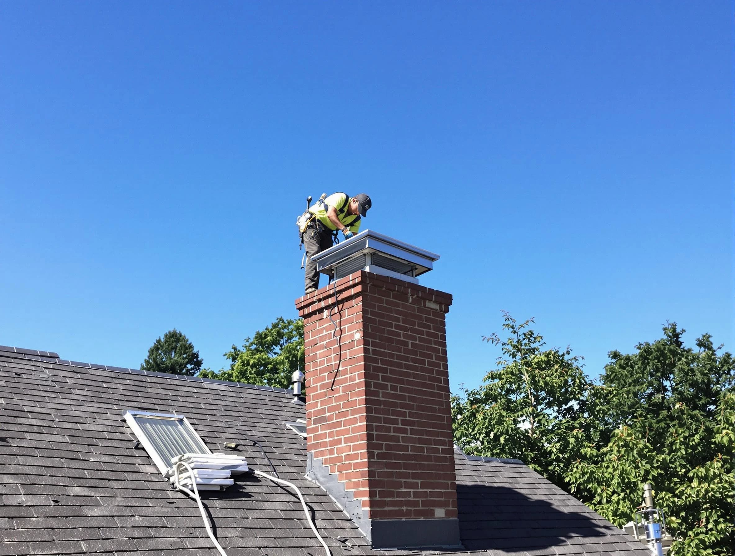 Staten Island Chimney Sweep technician measuring a chimney cap in Staten Island, NY